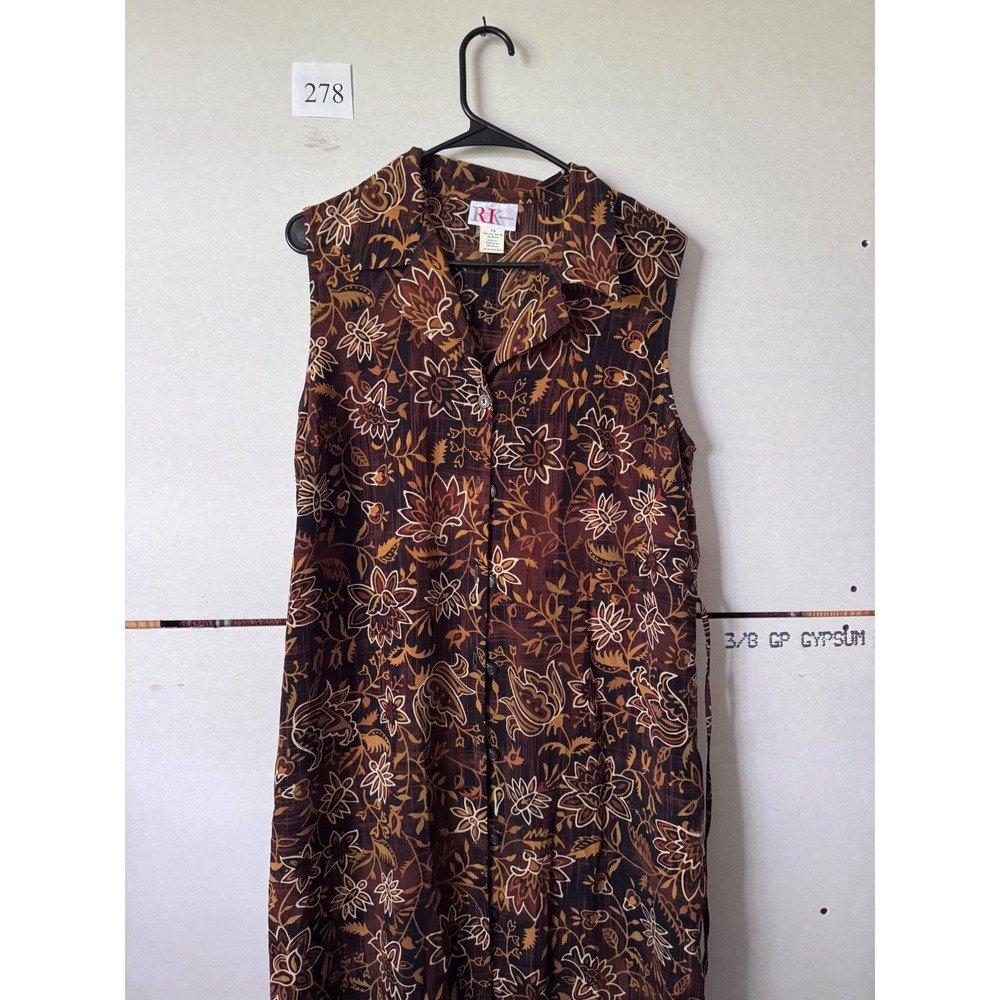 R&K Originals Brown Floral Maxi Dress Sleeveless Button Front Size 14 Boho